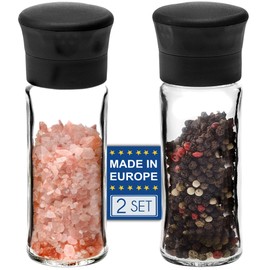 Crystalia Pepper Grinder Set of 2, Salt and Pepper Mills with Ceramic Mechanism, Glass Body, BPA-Free Plastic Lid