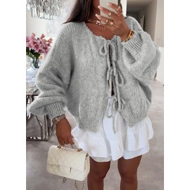 chouyatou Women's Cute Bow Knot Cardigan Fall Casual Oversized Ribbed Knit Sweater Cardigan Tops, Grey, Large