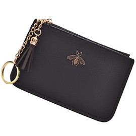 Monedero de cuero para mujer con llavero, cartera de cambio, tarjetero con borla y cremallera, Negro, Pequeño, Minimalista