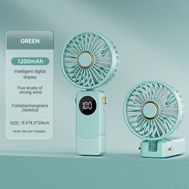 Portable Handheld Fan,Rechargeable Personal Fan,Foldable Neck Fan with Digital Display,Lanyard,Adjustable,5 Speeds,Rechargeable Battery Operated,Quiet Fan for Women,Travel Essentials,Outdoor (green)