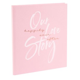 goldbuch 48168 Wedding Guest Book Our Love Story, Photo Guest Book with Bookmark, Photo Book with 176 White Pages, Memory Book 23 x 25 cm, Linen Texture Cover and Rose Gold Embossing