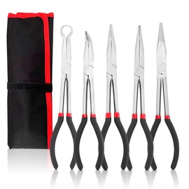 KEJJNYER 11 Inch Long Needle Nose Pliers Set, 5 Pack Long Reach Pliers Set, Straight Needle Nose Pliers, 25 Degrees, 45 Degrees, 90 Degrees Bent Nose Pliers and Round Pliers Set, Black Rubber Grip