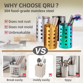 QRU Kitchen Utensil Holder for Countertop (H6.7” x W4.1”), Stainless Steel Cooking Utensil Caddy for Tools, Spatulas, Spoons, Silverware & More, Cooking Utensil Organizer, Kitchen Decor (Gold)