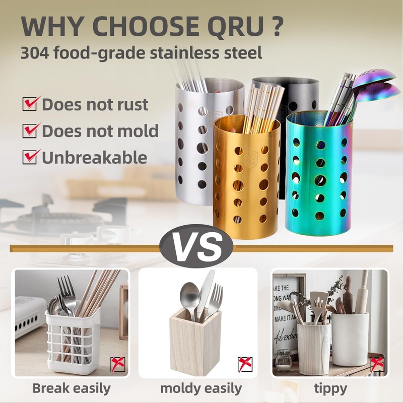 QRU Kitchen Utensil Holder for Countertop (H6.7” x W4.1”), Stainless