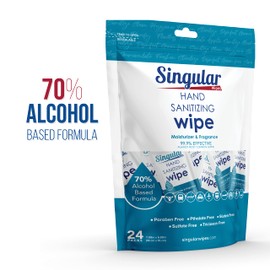 Hand Sanitizing Wipes Travel Size by Singular Wipes – 24ct bag, Individually Wrapped | Fresh Citrus Scent, Moisturizing, 70% Alcohol Wipes | Travel, Office, School, Home | Made in USA
