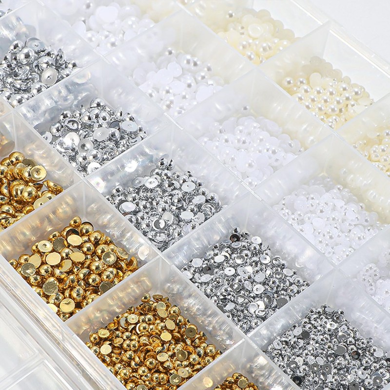 GZMAYUEN 920pcs Gold Silver Flatback Beads for Nails, Semi-Round White