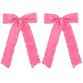 Hot Pink Ribbon Hair Bow Barrettes Clips 5.5 in Big Silky Ruffle Satin Lettuce Edge Bow-Knot Alligator Hairpins Ponytail Holder Accessories for Women Girls Toddlers Teens Kids