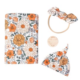 ZONEY Baby Girl Newborn Receiving Blanket with Matching Headband and Beanie Set Baby Swaddle Nursery Swaddle Wrap (Yellow Flower)