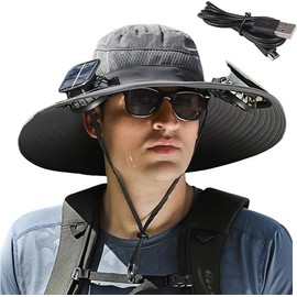 Wide Brim Solar Fan Outdoor Fishing Hat, 2 Solar Fan Hats for Men, USB & Solar Powered Fan Hat, Sombrero para el Sol Hombre, Sombrero con Ventilador Solar, Fan Hat Solar Powered UPF 50+ Grey