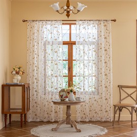 AmHoo 2 Panels Embroidered Leaf Pattern Semi Sheer Curtains Foliage Floral Voile Window Draperies Treatment for Bedroom Living Room Rod Pocket White Taupe 53 x 84 Inch