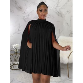 Ekaliy Women’s Stand Collar Cloak Long Sleeve Cape A Line Dress Elegant Pleated Mini Evening Dress Black XL