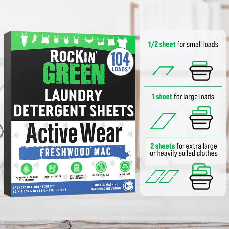 Rockin' Green Active Wear Travel Laundry Detergent Sheets - Mess-Free