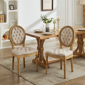 French Upholstered Dining Chair Solid Wood Frame with Round Back Set of 2 Beige