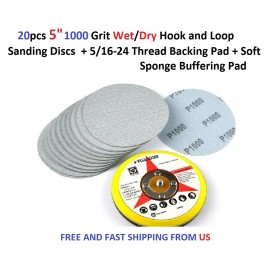 Unbranded 20pcs 5" 1000 Grit Wet/Dry Hook & Loop Sanding disc+5/16-24 Backing Pad+Soft pad