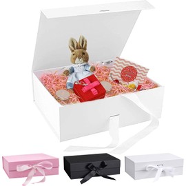 Gift Box, 21 x 17 x 7 cm, Gift Box with Bow, Gift Box with Lid, Packaging Box, Rectangular Gift Box, Party Gift Boxes, Magnetic Folding Box for Weddings, Birthdays, Anniversaries (White)