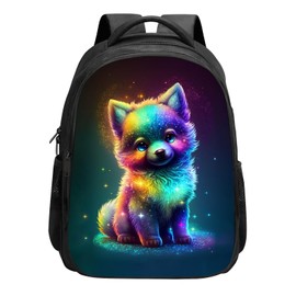 CBETF Wolf Backpack for Girls Boys Cute Baby Wolf School Backpack Kawaii Animal Rainbow Colorful Starry Stars Bookbag, 16 Inch Kindergarten Elementary School Backpack for School & Travel