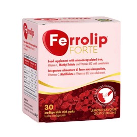 Ferrolip Forte Integratore Ferro e Acido Folico (30 Bustine Orosolubili al Limone) - Senza Fastidi Gastrointestinali - Privo di Sapore Metallico - Con Vitamina C e B12