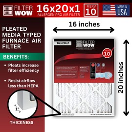 FilterWow Air Filter - Allergen Pro Pleated Electrostatic MERV 10 HVAC Furnace Filter (2 Pack, 16x20x1)