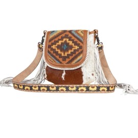 MYRA BAG Boho Calf-Hair & Leather Fringe Tribal Crossbody Bag Sunflower Strap