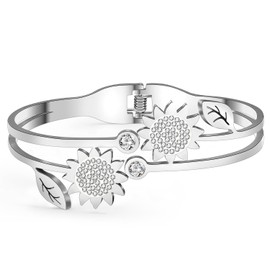 DOWAY Stainless Steel Sunflower Gifts for Women Teen Girls Dainty Sunflower Bangle Bracelets Cute Sunflower Summer Flower Jewelry Stuff Accessories (Silver)