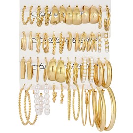 24 Pairs Gold Hoop Earrings Set for Women Multipack, Fashion Statement Hypoallergenic Chunky Hoops Earrings Pack Assorted Small Big Pearl Twisted Hoop Jewelry for Gift