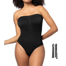 Huvgim Strapless Shapewear Bodysuit Thong for Womens, Tummy Control Seamless Body Shaper, High Compression Shape Wear Top (Bk-S