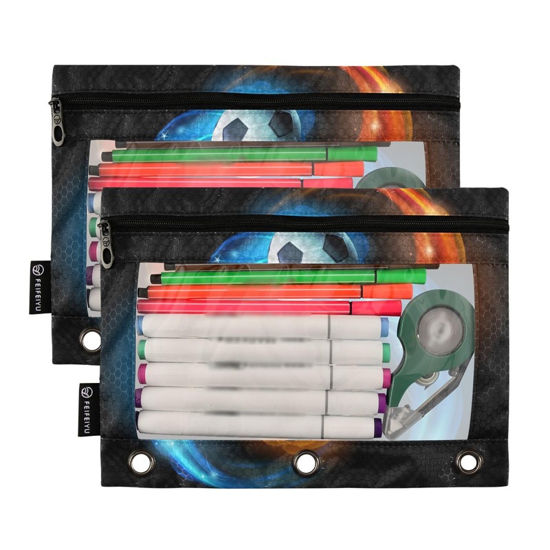 Emelivor Flames Soccer Ball Pencil Pouch for 3 Ring Binder
