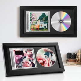 Dunkive 2 Pcs 13.7" x 7.5" CD Frame Display Case with Shatter-Resistant Glass, Double Groove Record Album Frame, Self Standing with Wall Hanger, Imitation Wood Polystyrene, Home Decor (Black)