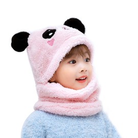 Kids Winter One Piece Hat and Scarf, Unisex Warm Fleece Hat Neck Warmer Hood Cap with Bear Ears for 5-8 Years Old Girls Boys