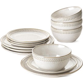 LE TAUCI Plates and Bowls Sets for 4, 12 Piece Ceramic Dinnerware Sets, Kitchen Stoneware Dish Set, Chip Resistant, Microwave & Dishwasher Safe, Reactive Glaze Beige (8"&10" Plate, 27oz Bowl)