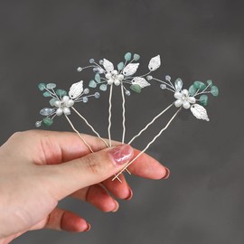 Heread Horquillas para el pelo de novia con diseño de flor de perla, para novia, de hoja de plata, accesorios para el pelo de ópalo verde, piezas de pelo para mujeres y niñas (paquete de 3)
