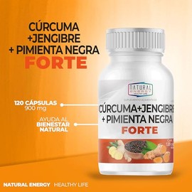 Natural Energy Cúrcuma - Jengibre - Pimienta Negra FORTE 1800mg por porción - 120 Cápsulas - Suplemento Alimenticio