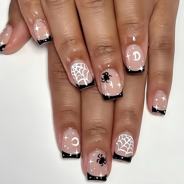 Halloween Press on Nails Short Square Fake Nails Black French
