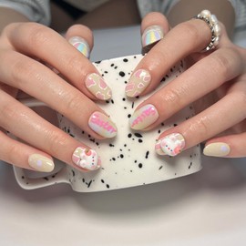 24 Pcs Cute Oval Press on Nails Easter Fake Nails Flower False Nails Easter Bunny Design Stick on Nails Full Cover Glossy Fake Nails Artificial Acrylic False Nails for Women Girls Nail Decoration