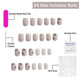 Christmas Press on Nails Short Square SWEKKE Glitter French Tip Fake Nails False Nails with Designs Black & White Snowflake Full Cover Glossy Glue on Nails Stick on Nails for Women Girls 24 Pcs