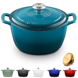 ROSSALLINI Signature Enameled Cast Iron Dutch Oven, Non-Stick Serving Pot with Tight Fitting Lid for Perfect Roasting, Baking, Sauteing, and Bread Making | 2Q (1.9L) - Ocean Blue