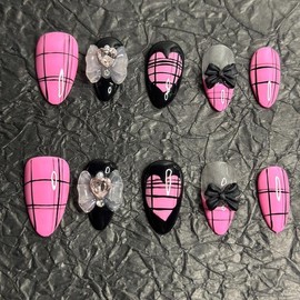 Pink fake nails Black fake nails Cute bow Almond fake nails Acrylic fake nails Plaid Heart Fake nails Handmade nails - Color: L
