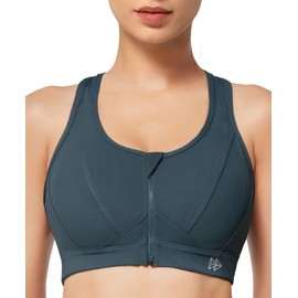 Yvette Sports Bra, Strong Support, Front Closure – Mesh Racer Back Sports Bra for Running, Jogging, Riding – Large Cup Sizes - gray, size: l