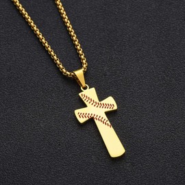 Mens Baseball Cross Pendant Necklace 18K Gold Plated Bible Verse Stainless Steel Necklace Jewelry (A-Gold)