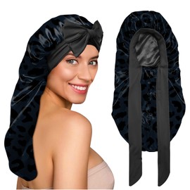 BHAHB Silk Feeling Long Satin Bonnet for Sleeping Adjustable Double Layer Elastic Reusable Long Hair Caps Cute Women Girls-Leopard