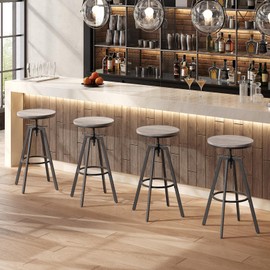 MAHANCRIS Bar Stools, Round Bar Chairs with Sturdy Metal Frame, Set of 2 Industrial Bar Stools, Height Adjustable, Kitchen Breakfast Bar Stools, for Bar, Dining Room, Greige BAHG0701