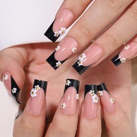 WAFOLOZE Black French Tip Press On Nails - Long Press On Nails Square Fake Nails with Small White Flowers, Artificial Nails 16 Sizes - 32Pcs False Nails Tips Kit, Stick On Nails for Women