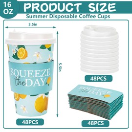 JarThenaAMCS 48 Pack Lemon Disposable Coffee Cups with Lids and Sleeves Blue Yellow Lemon Paper Cups Drinking Cups for Summer Party Supplies