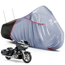 Motorcycle Cover Waterproof Outdoor, Heavy Duty All Season Weather Sun Protection with Storage Bag Vents Night Reflective Cotton Lining Lock Holes fits up to 104" Motorcycles Vehicle Covers