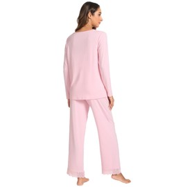 GYS Bamboo Viscose Women's Pajama Sets Long Sleeve Lace V-Neck Soft 2 Piece Sleep Set, Pink, XX-Large