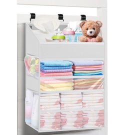 Organizador de pañales para colgar, organizador de cuna, amplio organizador de guardería para bebé y niño para cambiador, parque infantil/pared, sostiene más de 90 pañales (blanco)