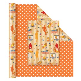 WERNNSAI Basketball Reversible Wrapping Paper - 1 Roll 43cm x 10m Happy Birthday Sports Wrapping Paper Roll for Boys and Kids Sports Ball Birthday Gift Wrapping Paper Orange Gift Decoration