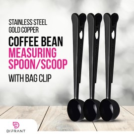 Coffee Bean Measuring Spoon with Bag Clip | Stainless Steel Coffee Scoop with Built-in Bag Sealer (Black)
