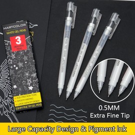MARTCOLOR White Gel Pens, 0.5mm Extra Fine Point Opaque Archival Ink Pen for Black Paper Drawing, Art Highlight, Illustration, Bullet Journaling, Card Making & DIY Projects, 3 Pack