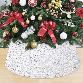 MODFUNS White Christmas Tree Collar Sparkle Xmas Tree Collar 23.6 Inch Glitter Christmas Tree Base Sequin Xmas Tree Skirt Vintage Bling Tree Basket Collar for Home Party Christmas Tree Decoration